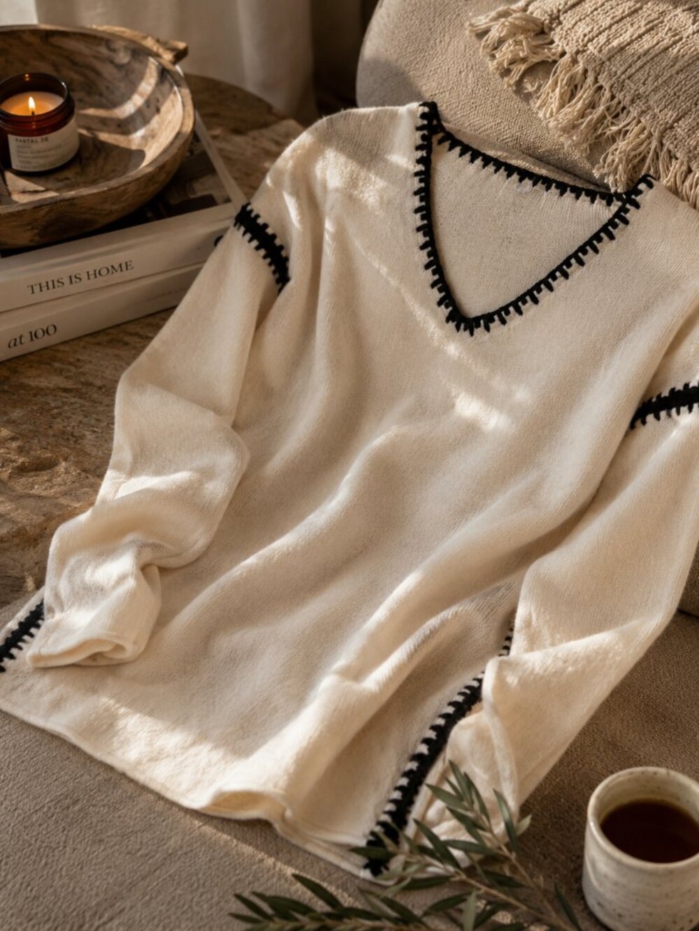 Johnny Was Wool/Cashmere Blend Cream Sweater with Black Trim Detailing